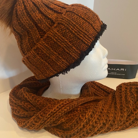 Tahari 2 piece set. Pom beanie and matching infinity scarf. - Picture 3 of 9